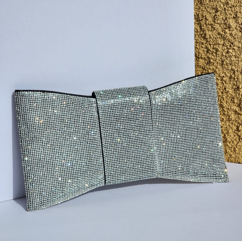 Women's Stylish Silver Rhinestone Bowtie Shape Clutch Crossbody Handbag … - Picture 4 of 10